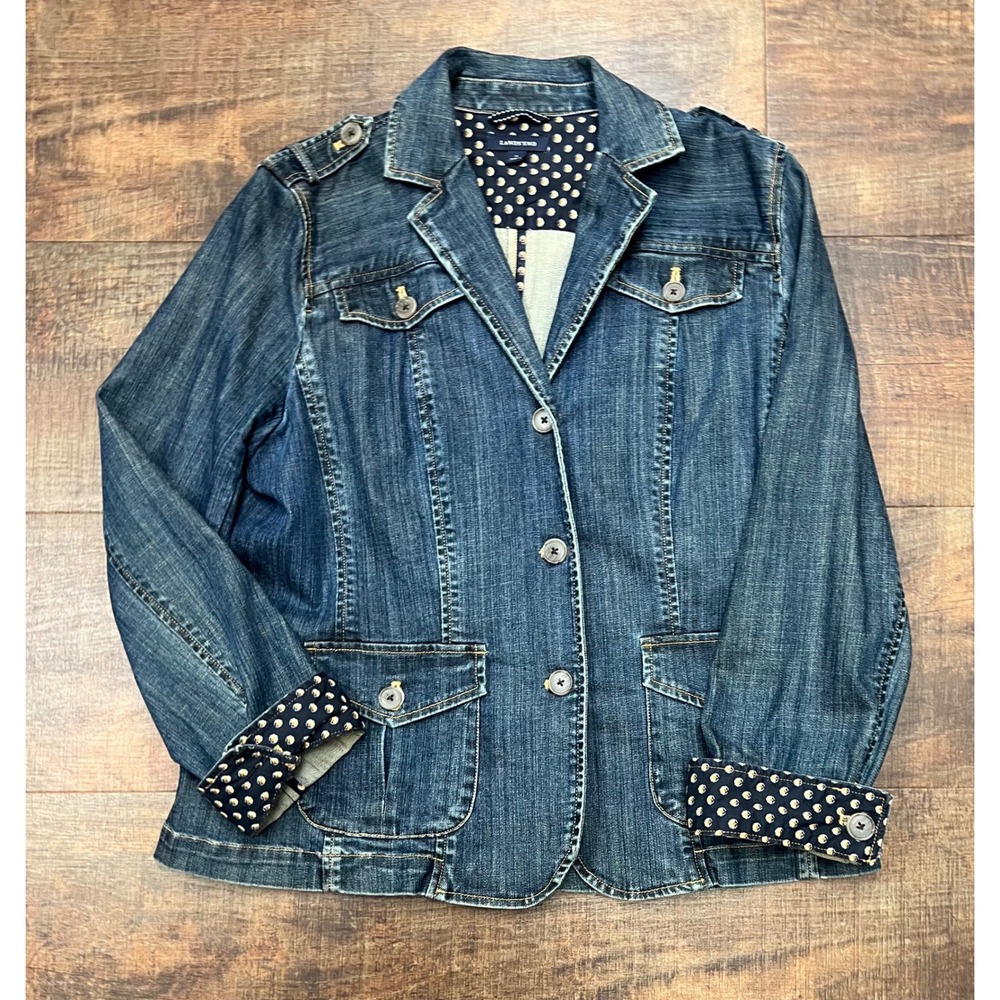 Lands' End Women's Denim Jacket Blazer Size 14 Blue Utility Button Front